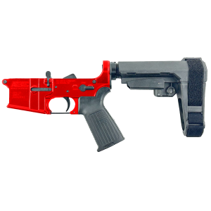 AR-15 Completed Lower Receiver with Adjustable SB Tactical Brace Assembly & Lower Parts Installed - Red